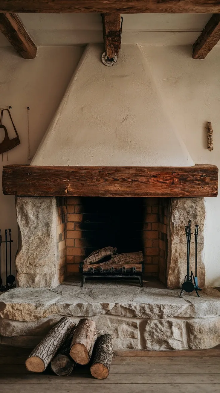 The charming rustic fireplace showcases a wood beam mantle above a rock fireplace, perfectly complementing the cabin's warm ambiance with logs and rustic decor.