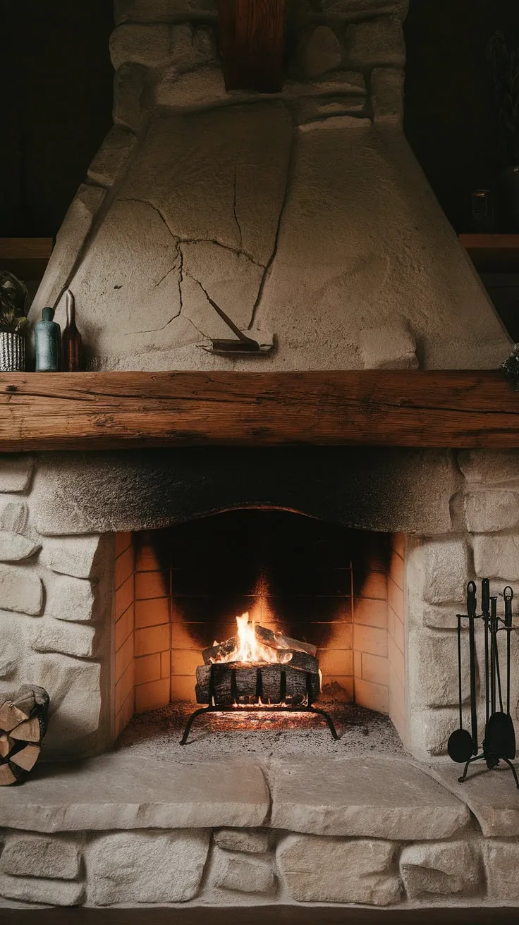 A cozy rustic farmhouse fireplace features a charming wood beam above a crackled rock fireplace, creating a warm ambiance perfect for cabin living.