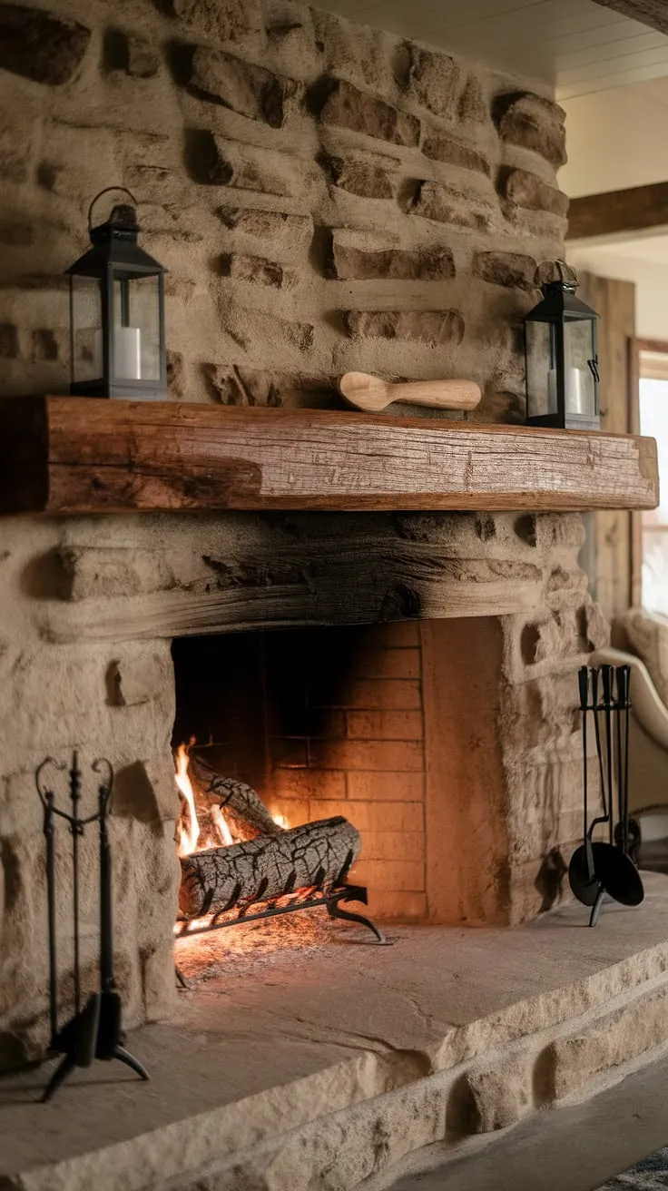 The inviting cabin fireplace showcases reclaimed wood beams and a rustic fireplace design, highlighted by a warm log fire and charming decor.