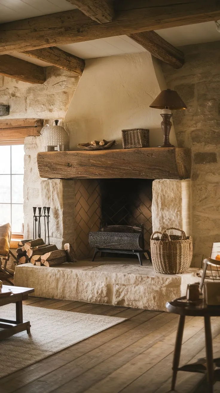 The inviting cabin fireplace showcases a beautiful wood beam design and rock accents, creating a perfect rustic fireplace setting with logs stacked nearby.