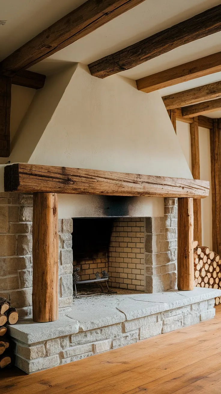The captivating wood beam fireplace showcases a large stone opening and a charming rustic fireplace aesthetic, perfectly complemented by neatly stacked logs and exposed wooden beams.
