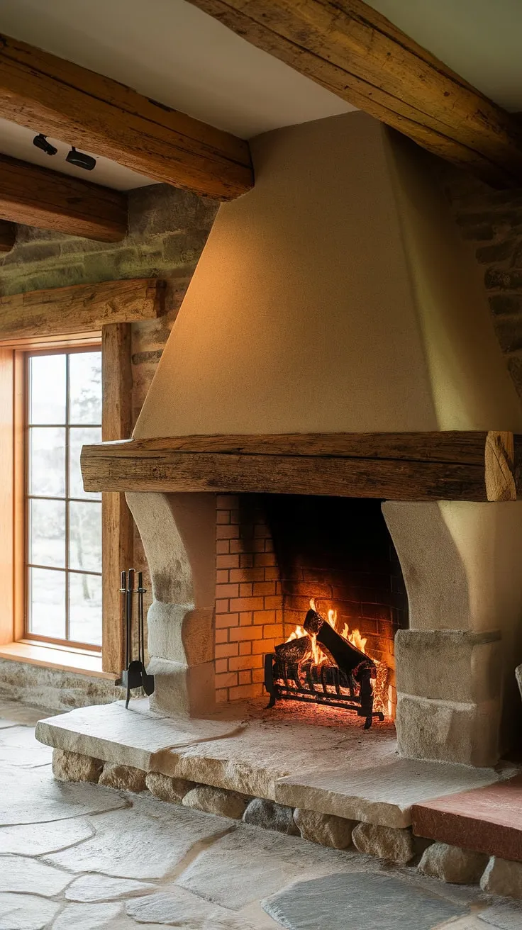 This rustic farmhouse fireplace, featuring a stunning wood beam and rock structure, is beautifully complemented by reclaimed wood beams and a stone floor, creating a cozy cabin atmosphere.