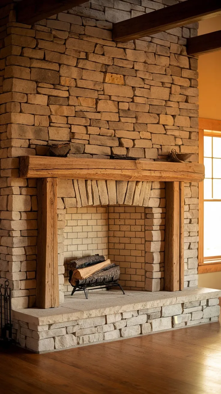 The inviting cabin fireplace showcases a wood beam mantel and rock fireplaces, creating a cozy atmosphere with its rustic charm and wooden floor.