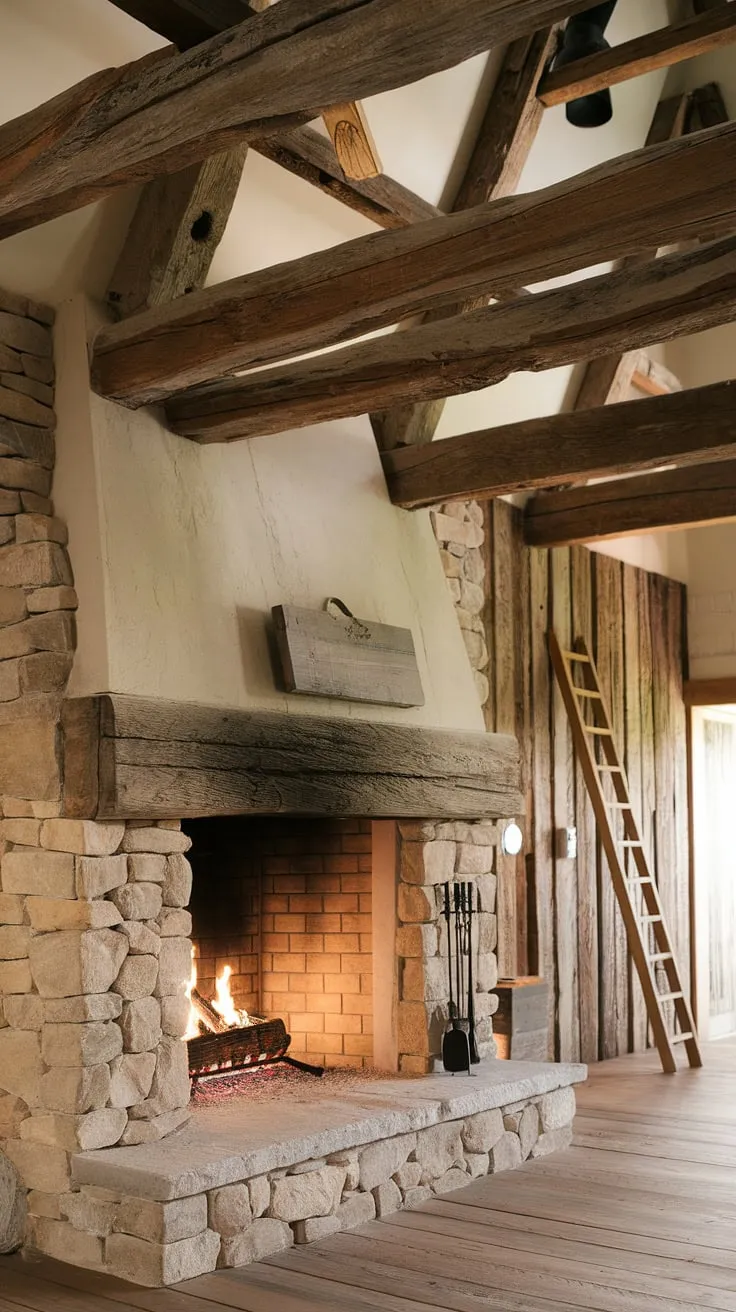 The rustic fireplace, adorned with weathered wood beams and a stone backdrop, embodies the charm of a farmhouse cabin, making it the perfect centerpiece for warmth and comfort.