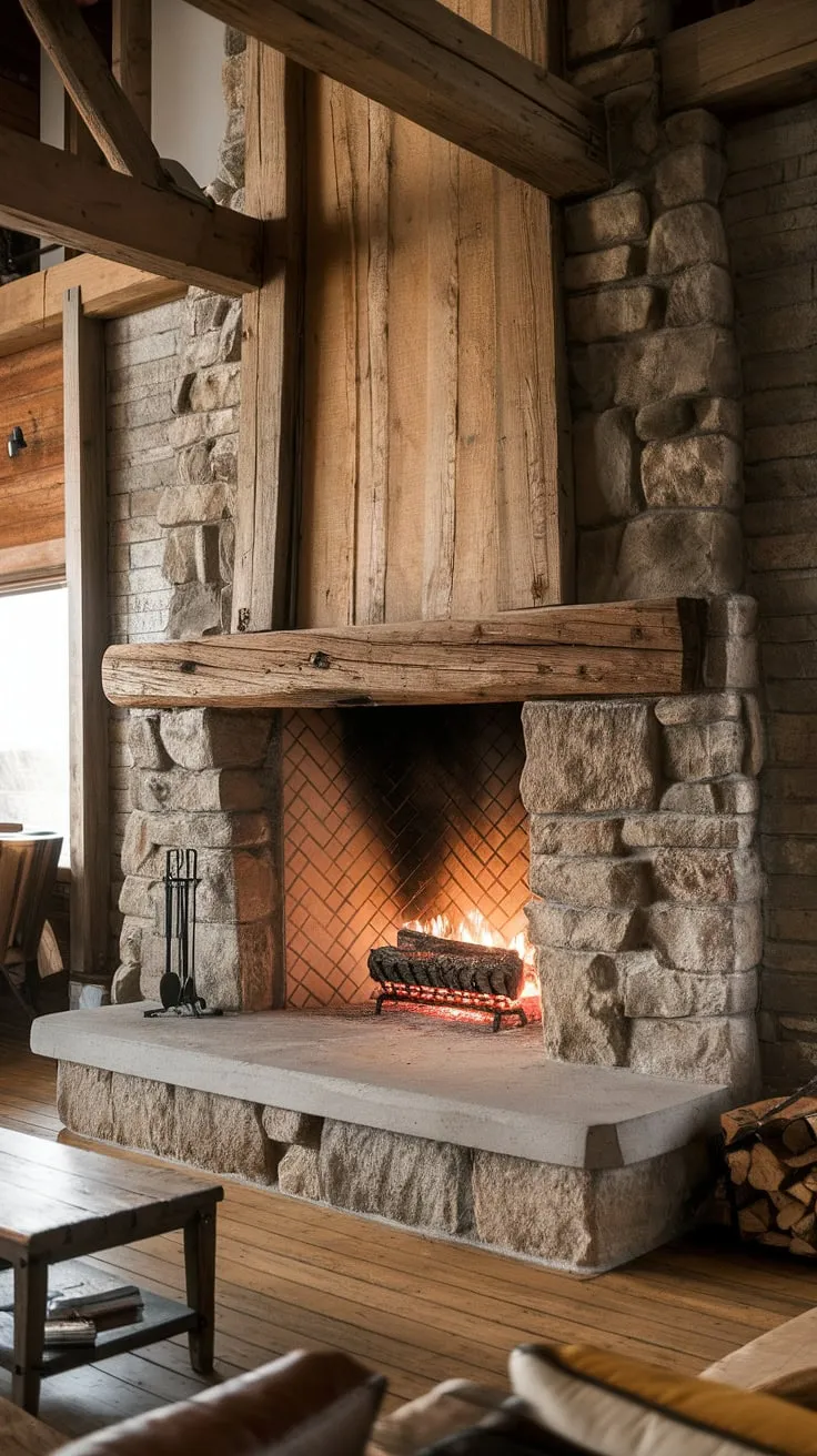 This rustic farmhouse fireplace features a stunning wood beam mantel and rock structure, creating a cozy cabin atmosphere with reclaimed wood beams and rustic fireplaces.
