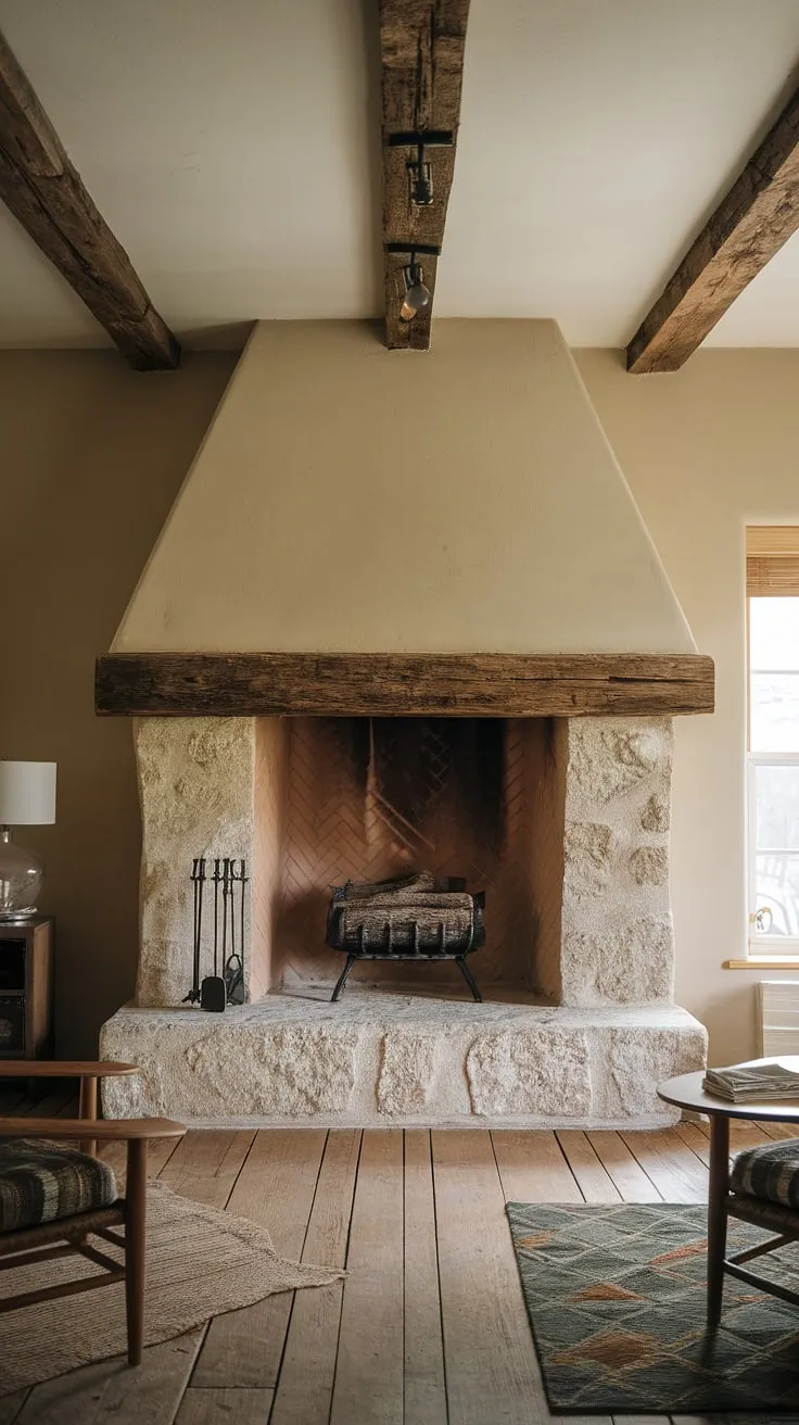 The captivating wood beam fireplace, set against a backdrop of rock and reclaimed wood beams, enhances the charm of this rustic cabin fireplace.