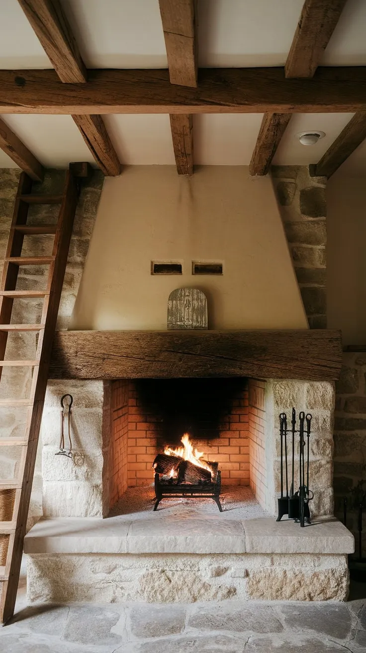The inviting cabin fireplace showcases a beautiful wood beam atop a stone structure, surrounded by rustic fireplaces and wooden accents that enhance its charm.