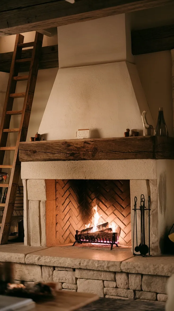 The inviting ambiance of this cabin fireplace showcases a beautiful wood beam fireplace with a stone design, enhancing the allure of rustic fireplaces and rock fireplaces.
