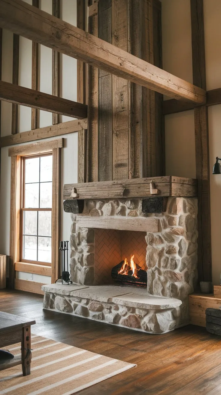 The inviting cabin fireplace, adorned with rustic fireplaces and a wood beam design, creates a warm atmosphere in this charming space filled with natural elements.