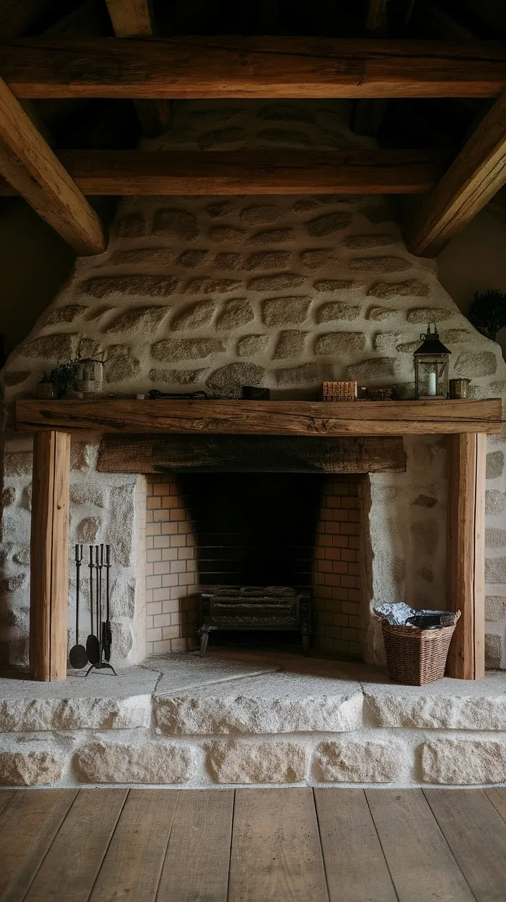 The rustic fireplace showcases a large rock opening and a charming wood beam mantle, creating a warm focal point in the darkened room adorned with farmhouse decor.