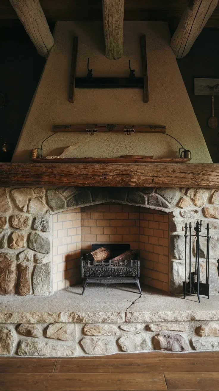 This captivating rustic farmhouse fireplace features a weathered wood beam mantle and a striking rock exterior, perfectly complementing the charm of rustic fireplaces.