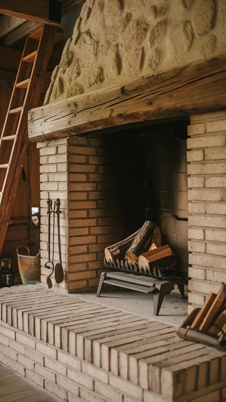 This rustic farmhouse fireplace, featuring a stunning wood beam and rock structure, exudes warmth with its reclaimed wood beams and cozy cabin ambiance.