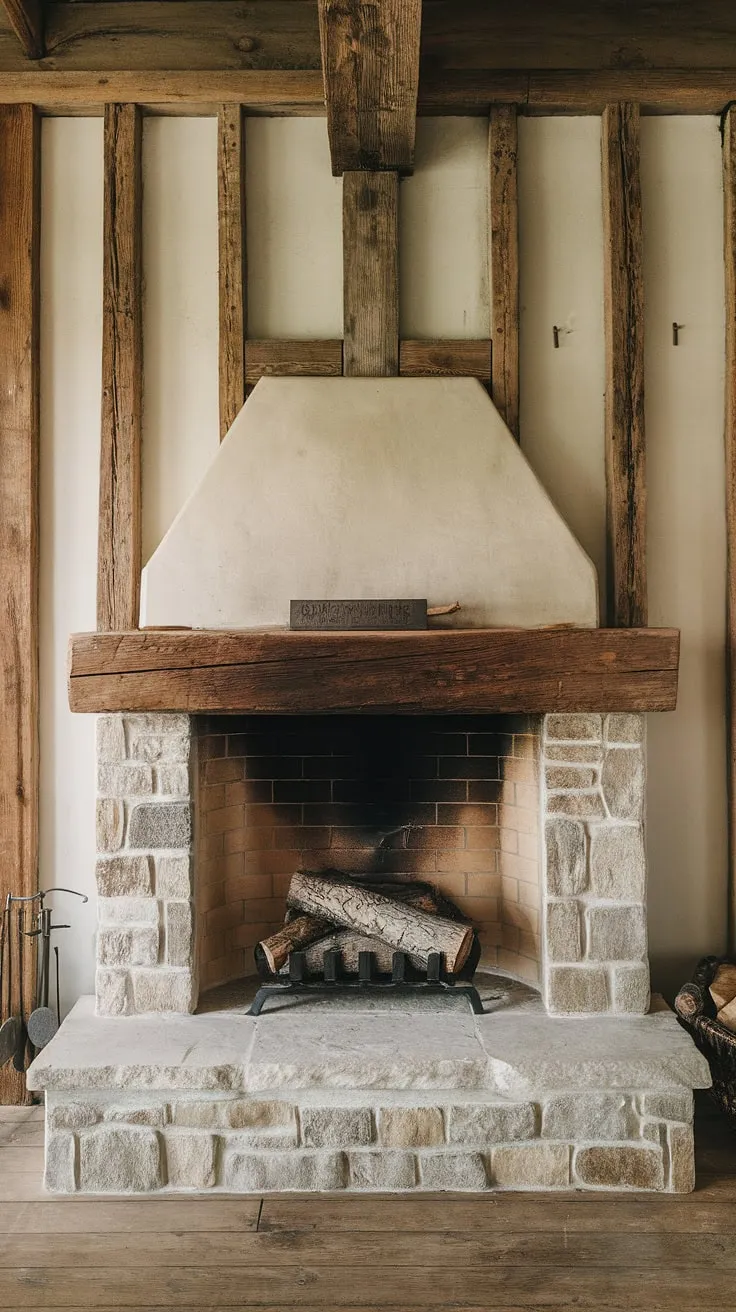 This stunning rustic farmhouse fireplace features a wood beam mantel, stone construction, and reclaimed wood beams, creating a cozy cabin atmosphere.