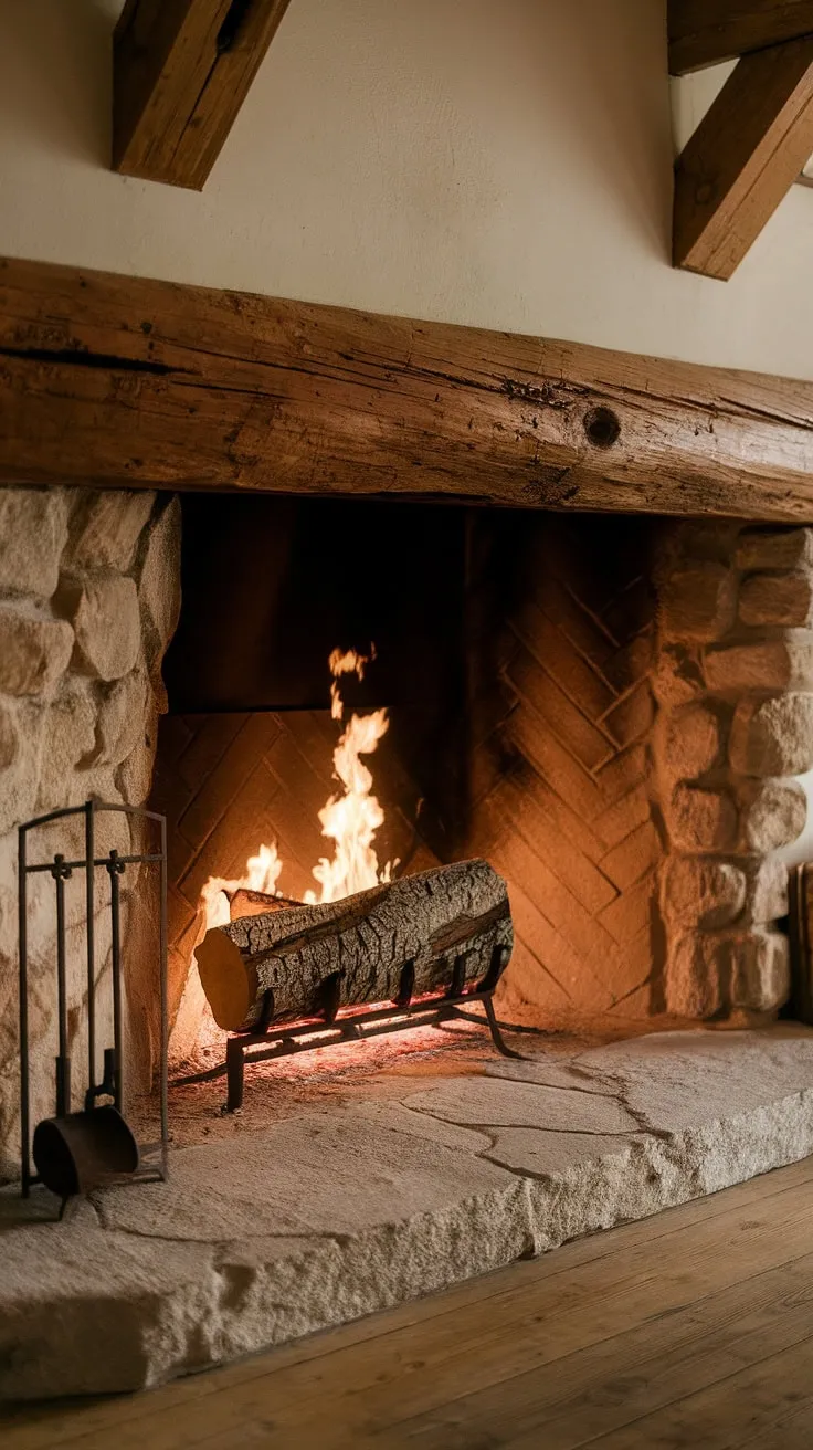 The inviting cabin fireplace showcases a stunning wood beam design and rock accents, creating a perfect rustic fireplace atmosphere in the charming living space.