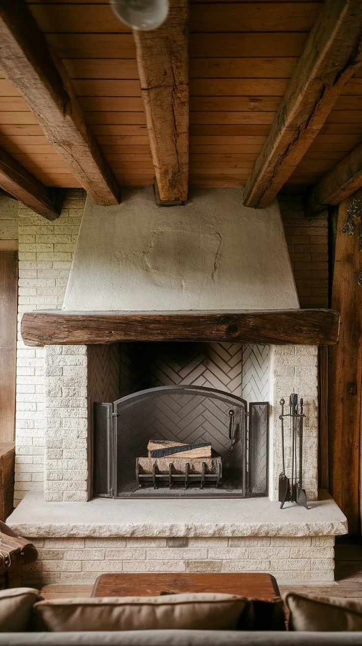 The charming rustic fireplace showcases a wood beam structure and rock surround, enhancing the vintage appeal of the room with its farmhouse style.