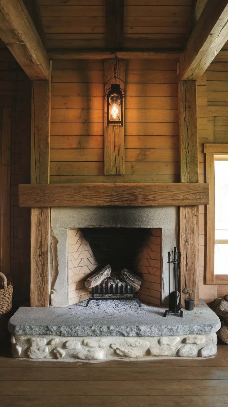 The charming cabin fireplace showcases a rustic fireplace design with a wood beam and rock base, perfectly complementing the warm ambiance of the room.
