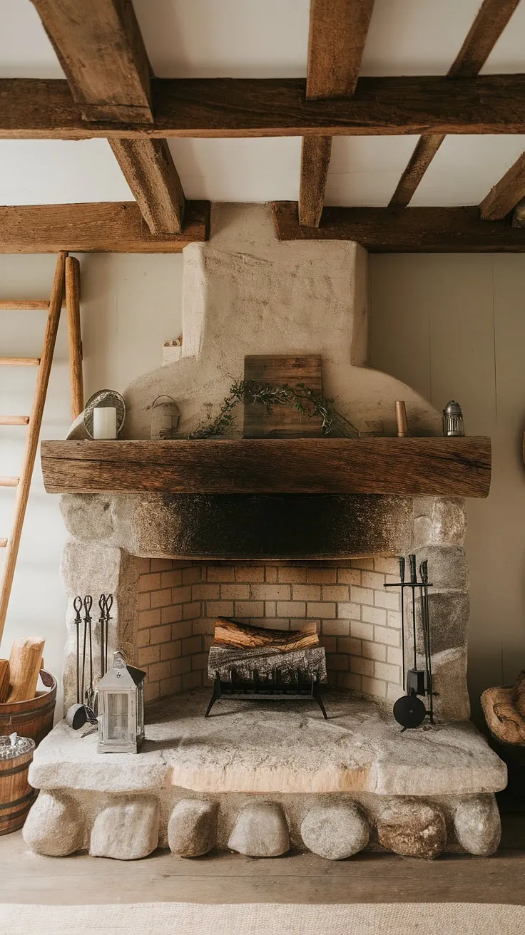 The inviting rustic fireplace features a wood beam mantle and rock construction, perfectly complementing the warm ambiance of the farmhouse with its exposed wood beams and rustic decor.