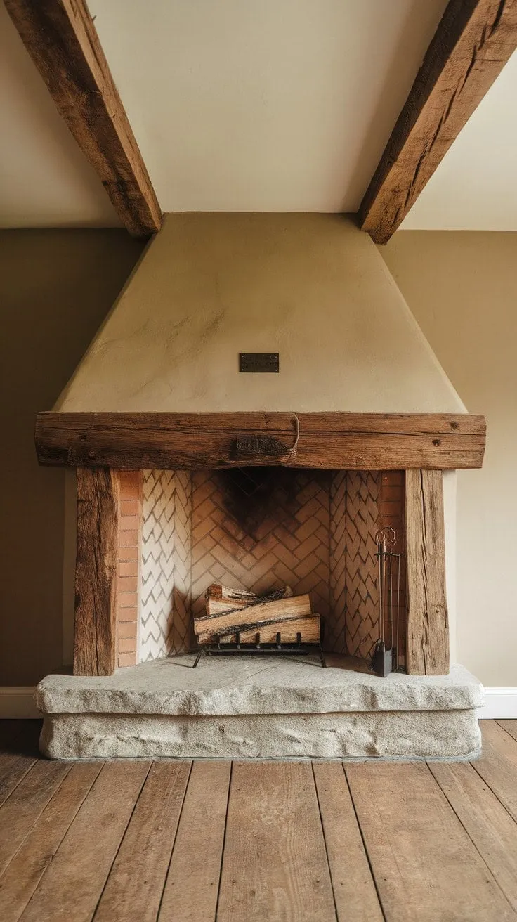 The rustic farmhouse fireplace, with its rough-hewn stone and sturdy wooden frame, beckons you to savor cozy nights filled with timeless warmth.
