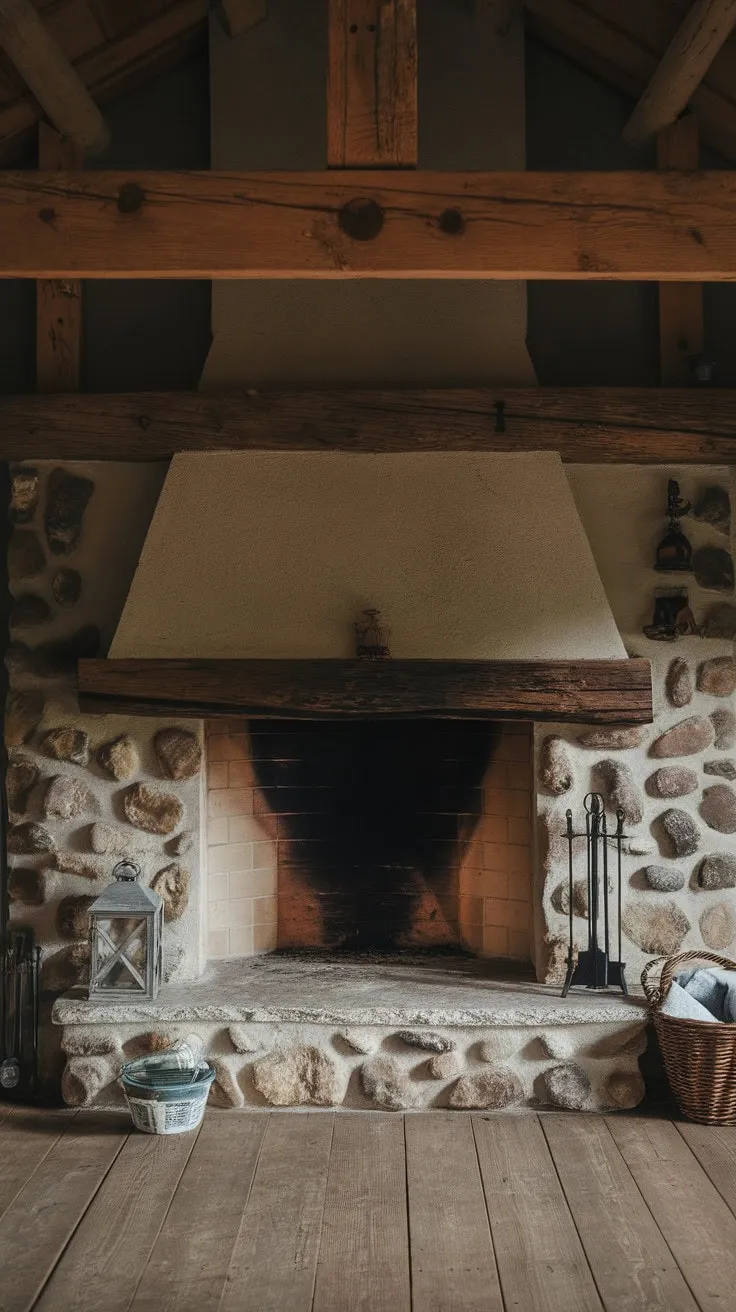This ancient stone fireplace, with its rustic charm and warm glow, serves as the heart of the home, inviting gatherings and quiet moments steeped in history.