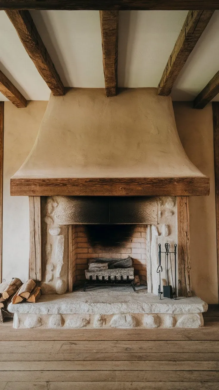 The farmhouse fireplace, adorned with rugged stone and a sturdy wooden frame, embodies a nostalgic haven for storytelling and cherished memories.