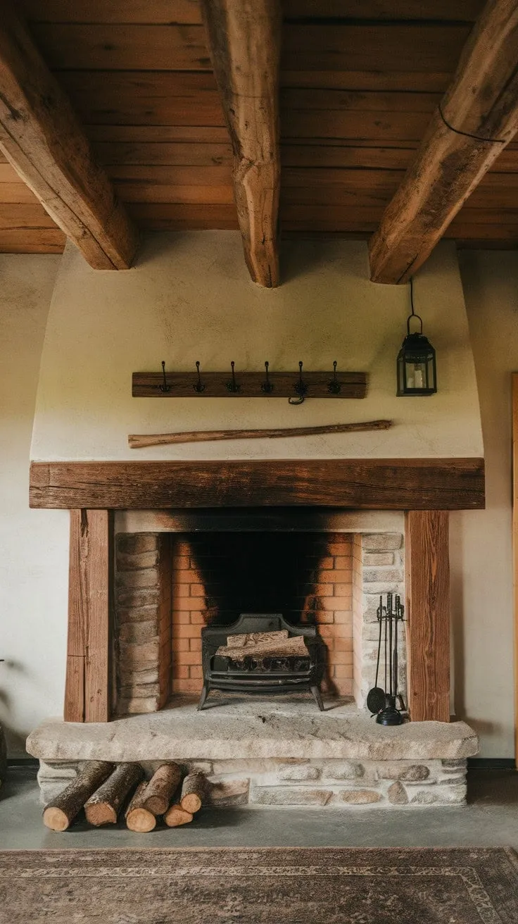 The rustic stone fireplace, cradled by timeworn wood, invites cozy evenings and quiet reflection, embodying the warmth and craftsmanship of a true home sanctuary.