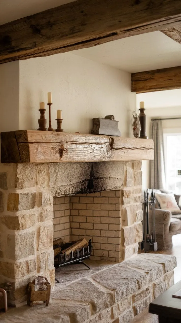 The rustic mantel, a warm embrace of aged wood, cradles the hearth while whispering tales of generations past in its intricate knots and grains.