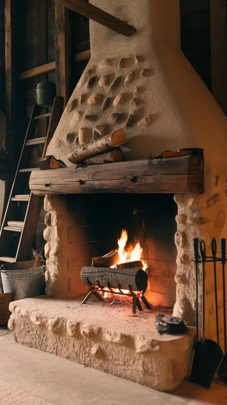 Nestled by a rustic stone fireplace, the warm aroma of burning wood and the charm of weathered beams evoke a timeless sense of comfort and tradition.