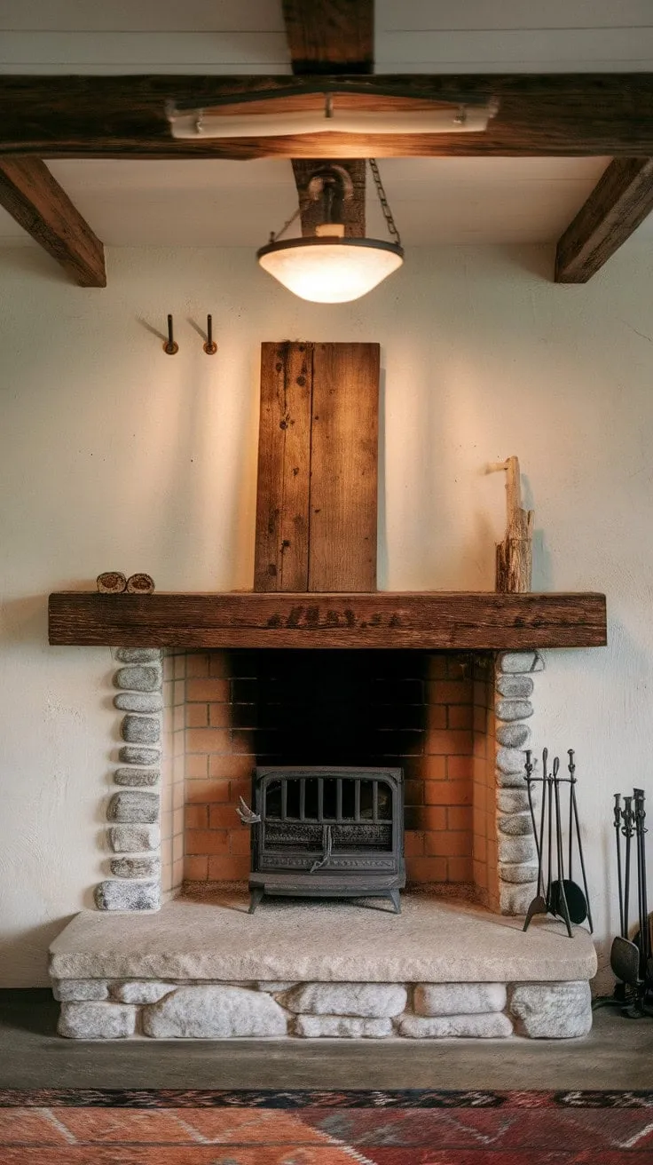 Nestled in a rustic farmhouse, a warm stone fireplace and timeless wood beams create a cozy haven for cherished memories and tranquil escapes.
