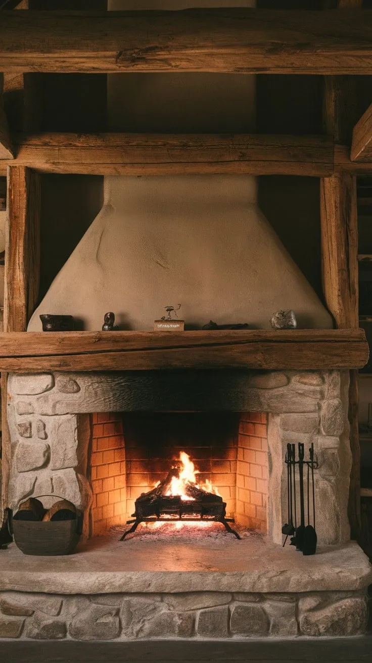 In a rustic haven, flickering flames waltz in an ancient fireplace, their warmth enveloping the cool night beneath the watchful gaze of timeworn wooden beams.
