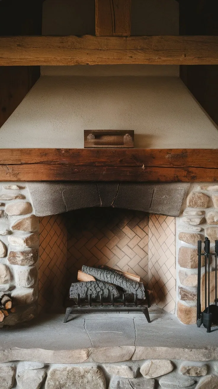 In this farmhouse, a weathered wooden beam and a rugged stone fireplace create a warm, inviting sanctuary, poised for the comforting crackle of a fire.