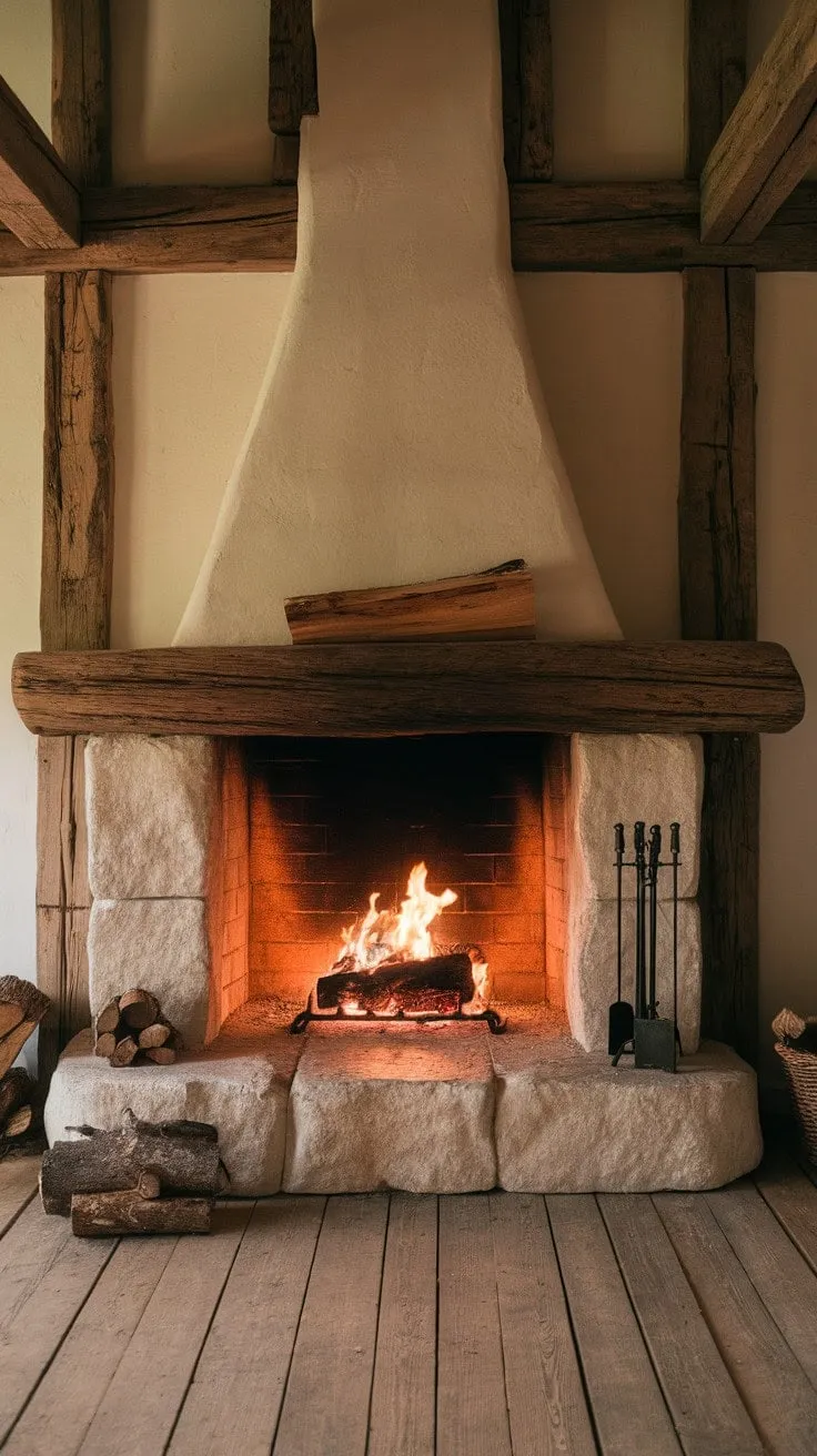 In the rustic farmhouse, a crackling fire illuminates timeworn stones and aged beams, embodying the timeless warmth of family gatherings.