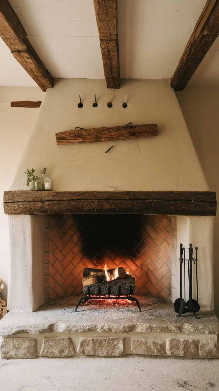 In the serene embrace of a rustic farmhouse, a single log crackles in the fireplace, illuminating the aged stone and worn wood with a warm glow that whispers of solitude and charm.