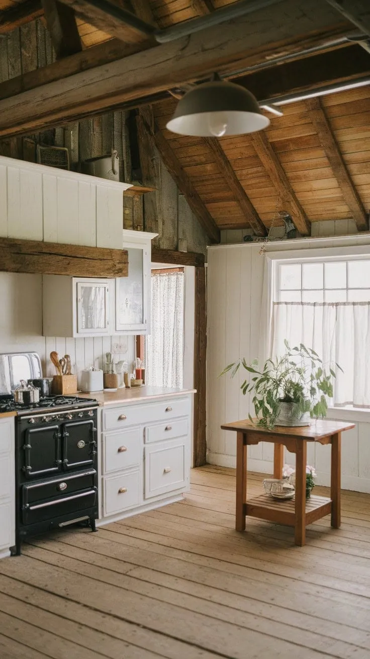 This rustic farmhouse kitchen, with its aged wood beams and modern black stove, exudes a timeless charm that invites cozy mornings and heartfelt conversations.