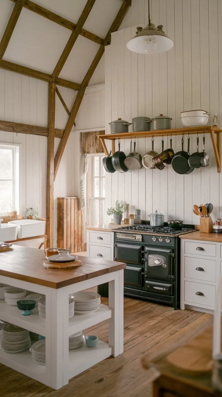 This farmhouse kitchen beautifully fuses rustic warmth with sleek modernity, creating an inviting and stylish culinary haven.