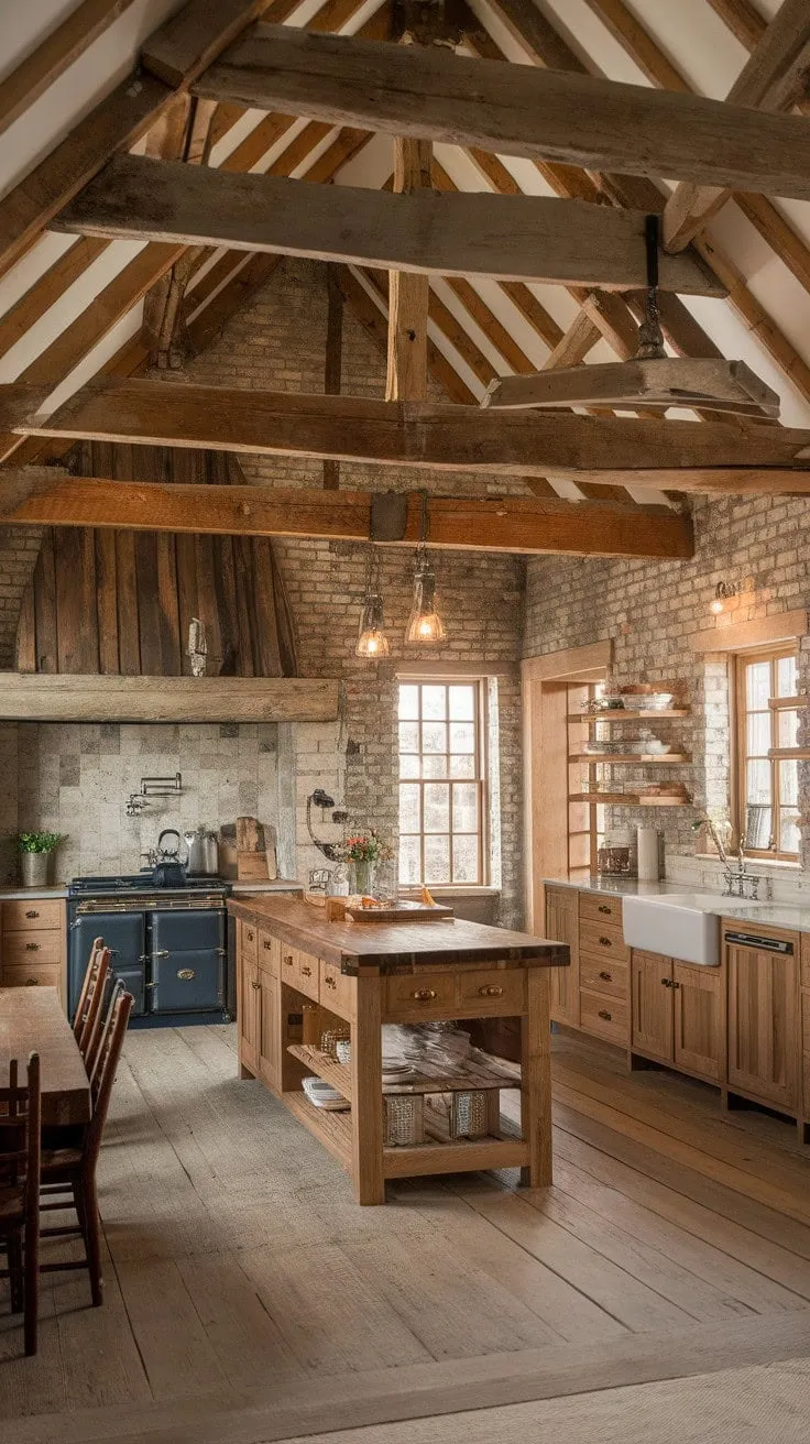 This kitchen masterfully blends timeless elegance with modern functionality, where aged wood and antique charm meet contemporary design.