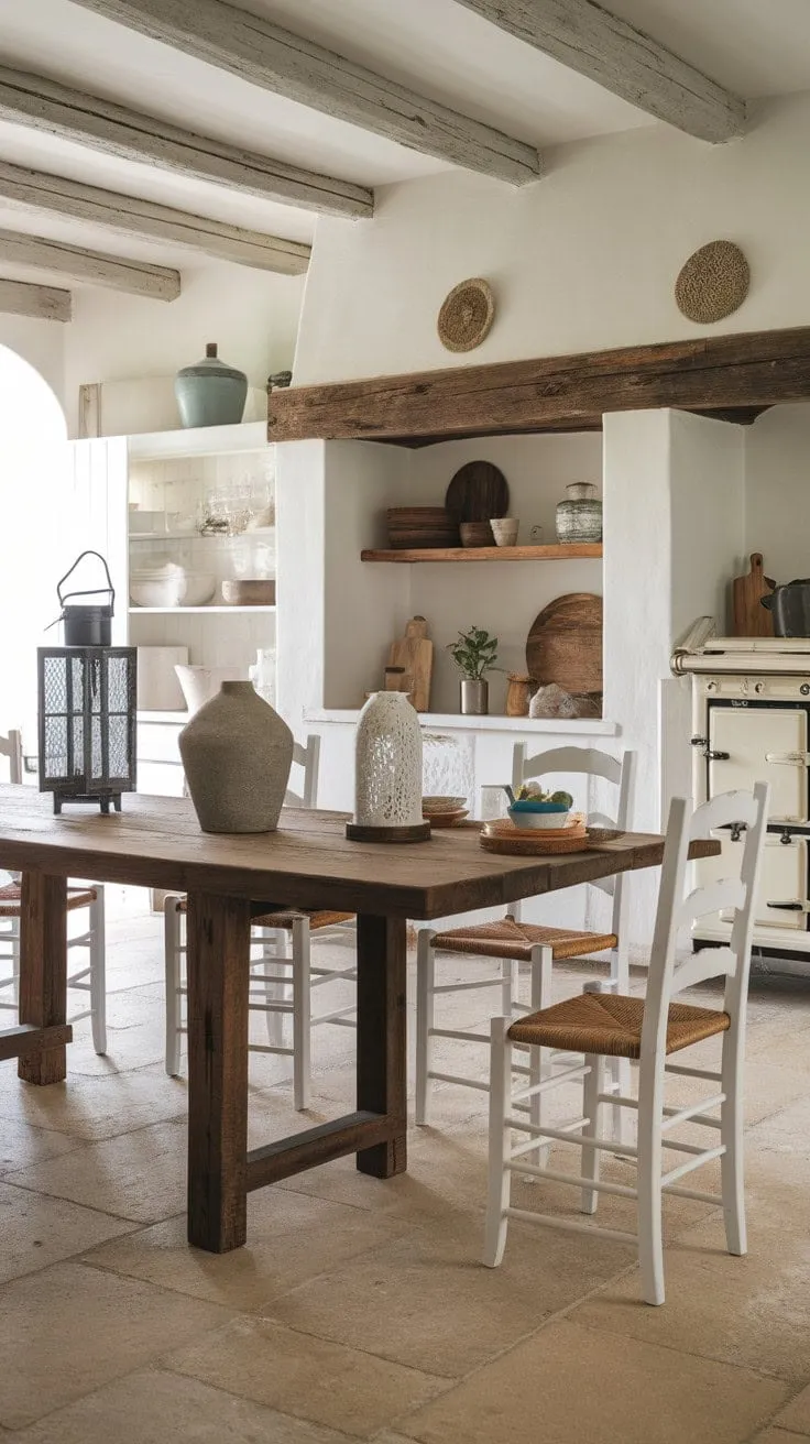 Bathed in sunlight, this farmhouse kitchen exudes timeless charm, inviting you to pause and relish its serene, storied ambiance.