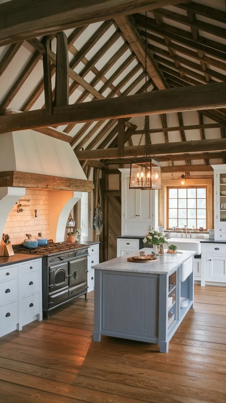 This rustic farmhouse kitchen, featuring a barn-style house, showcases a wooden beam ceiling, white cabinets, and a gray marble island, creating an inviting country kitchen perfect for a kitchen remodel.