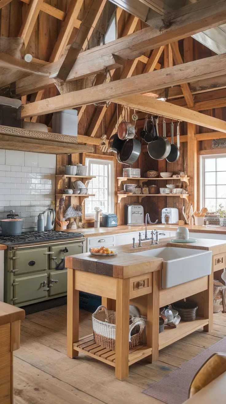 With its wooden floors, farmhouse sink, and decorative touches, this country kitchen showcases an inviting rustic farmhouse aesthetic ideal for a kitchen remodel.