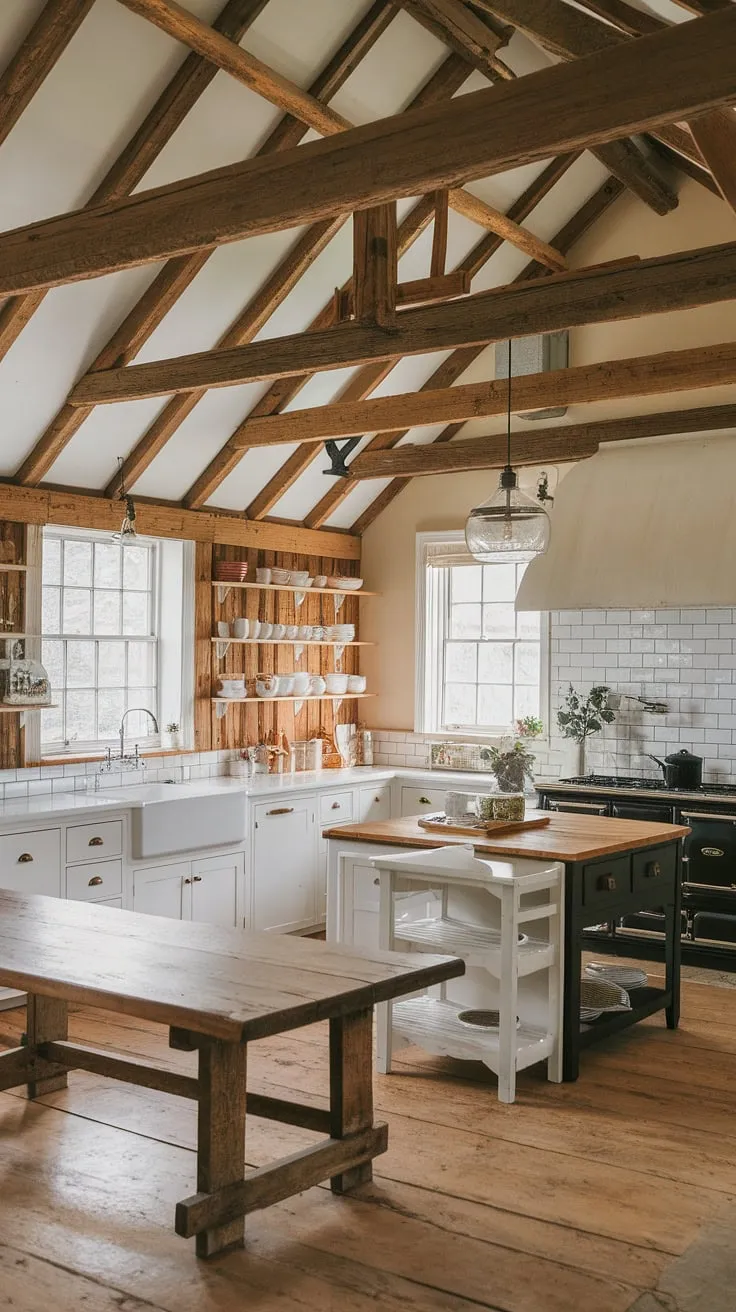 This rustic farmhouse kitchen, featuring a wooden beam ceiling and a black kitchen island, perfectly embodies farmhouse kitchen design in a charming barn style house.