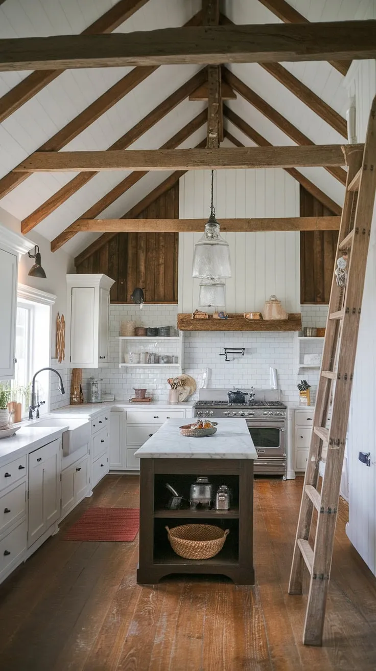 With its white cabinets, farmhouse sink, and barn style house elements, this kitchen remodel showcases the beauty of dapur rustic and farmhouse kitchen design.
