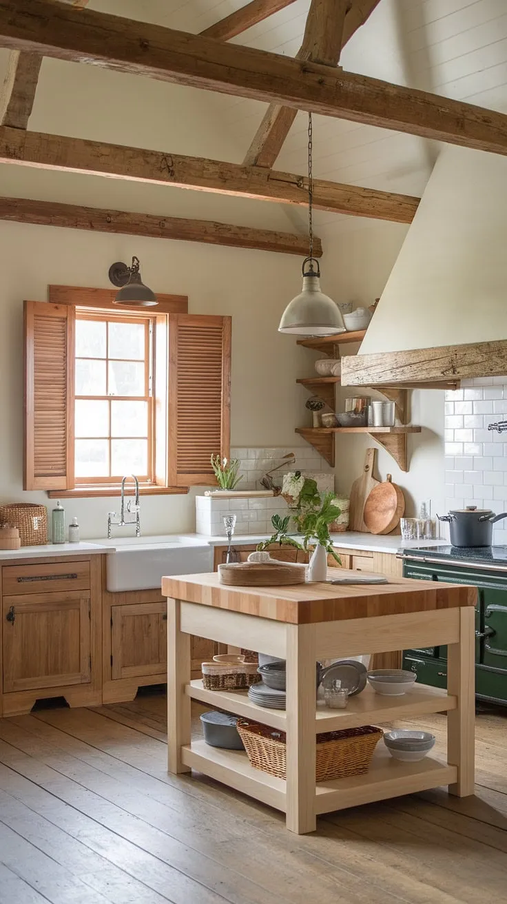 This rustic farmhouse kitchen, featuring wooden beams, a farmhouse sink, and a butcher block island, perfectly embodies the charm of farmhouse style houses and country kitchens in a barn style house.