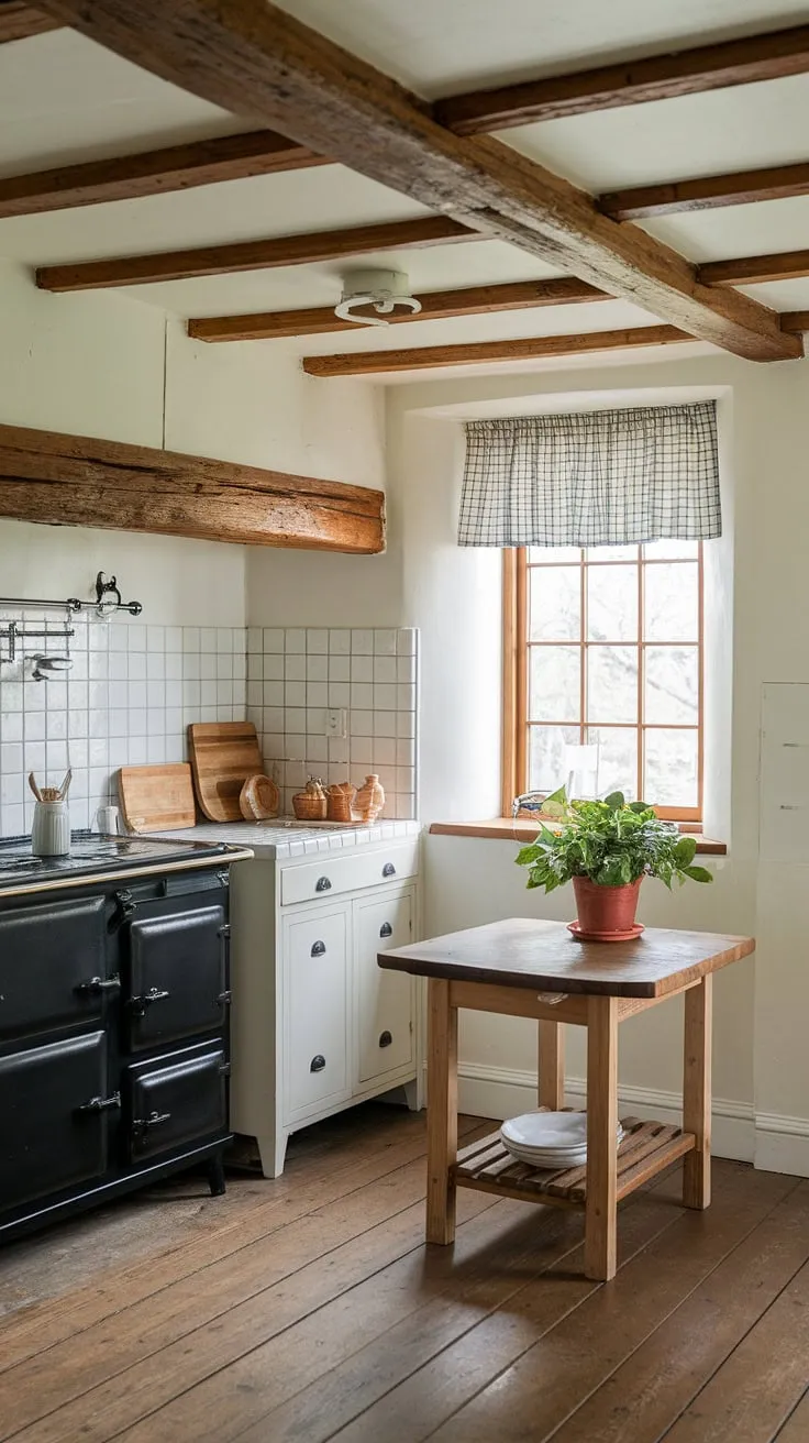 This rustic farmhouse kitchen features a wooden beam ceiling, black range stove, and charming details like a wooden table and checkered curtains, perfect for a cozy country kitchen remodel.