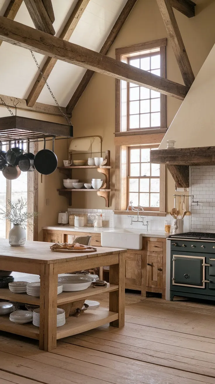 With its wooden island, rustic shelves, and country kitchen elements, this kitchen remodel captures the essence of a dapur rustic in a stunning farmhouse kitchen.