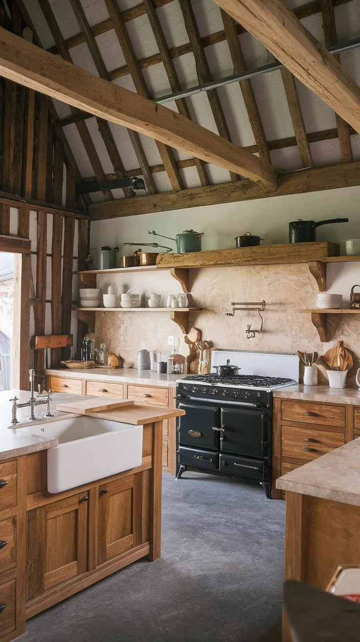 With its wooden shelves and beige marble countertops, this country kitchen showcases a stunning kitchen remodel that highlights the beauty of dapur rustic and rustic farmhouse aesthetics.