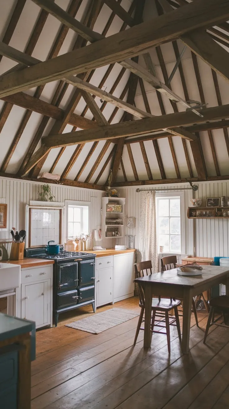 This rustic farmhouse kitchen, featuring a wooden beam ceiling and white cabinets, perfectly embodies farmhouse kitchen design with its charming barn style house elements.