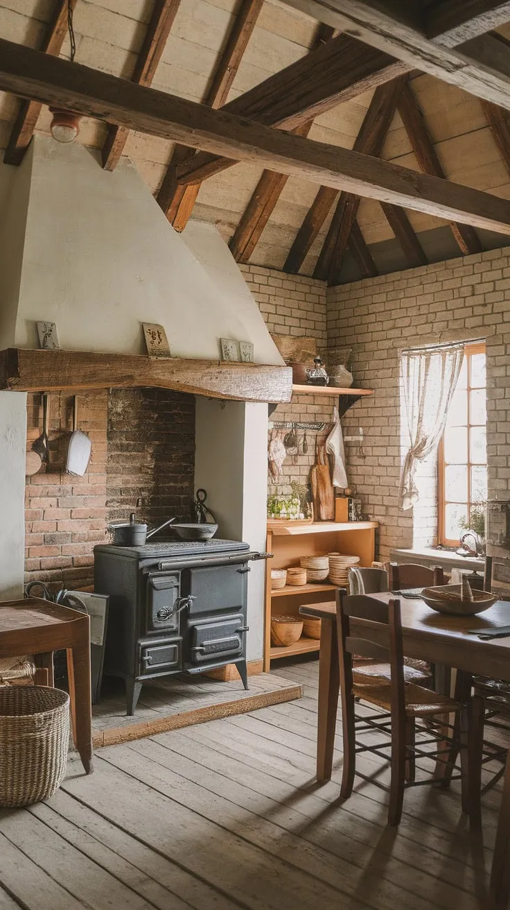 With its wooden planks, vintage cast-iron stove, and cozy dining area, this dapur rustic embodies the essence of farmhouse kitchen design in a charming barn style house.
