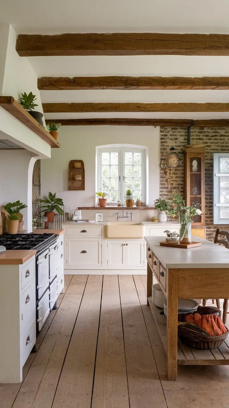This rustic farmhouse kitchen features white cabinets, a wooden island, and a vintage stove, creating a warm ambiance perfect for a country kitchen remodel in a barn style house.