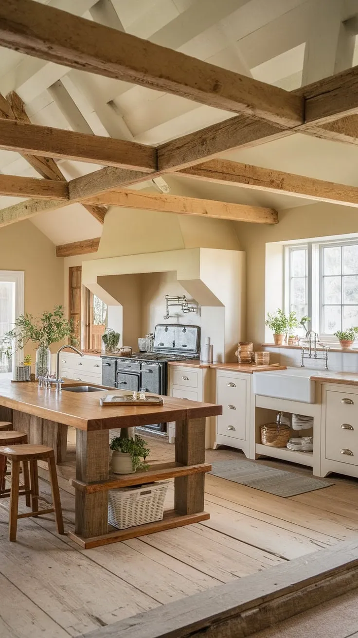 This rustic farmhouse kitchen, featuring a large wooden island and vintage stove, beautifully embodies farmhouse kitchen design with its barn style house elements and country kitchen charm.