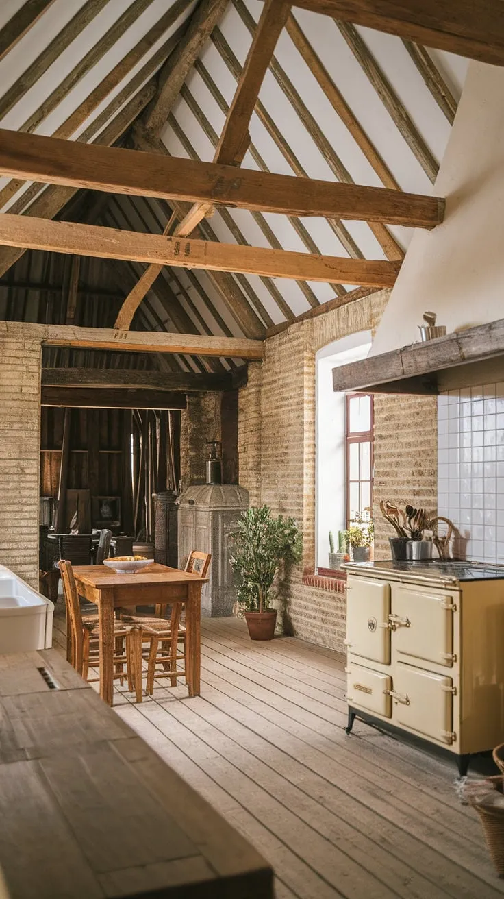 This rustic farmhouse kitchen, featuring a wooden beam ceiling and exposed brick walls, perfectly embodies farmhouse kitchen design within a charming barn-style house.