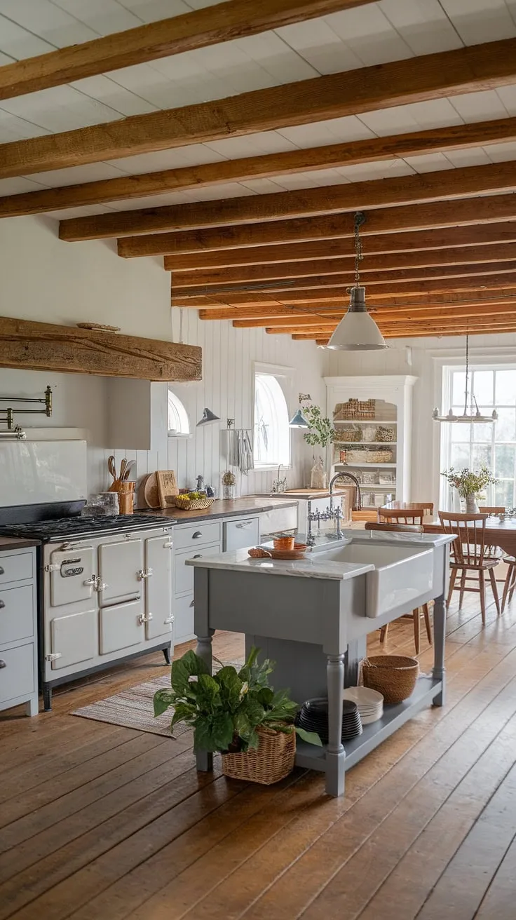 With its vintage stove, farmhouse sink, and inviting dining area, this rustic farmhouse kitchen exemplifies the charm of farmhouse style house design in a warm and welcoming setting.